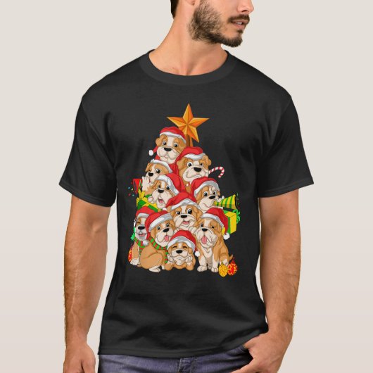 英国ブルドッグクリスマスツリードッグクリスマスギフトT-Shi Tシャツ (正面)
