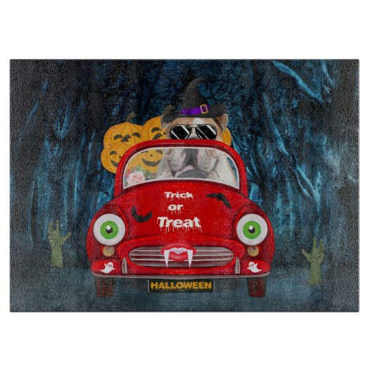 英国ブルドッグ車の怖いハロウィーン カッティングボード (正面)