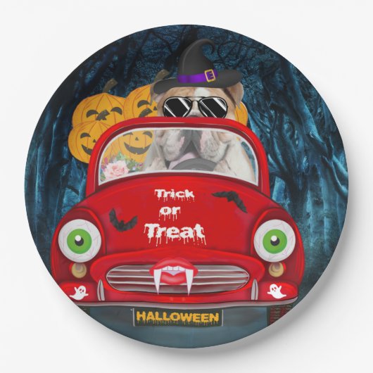 英国ブルドッグ車の怖いハロウィーン ペーパープレート (正面)