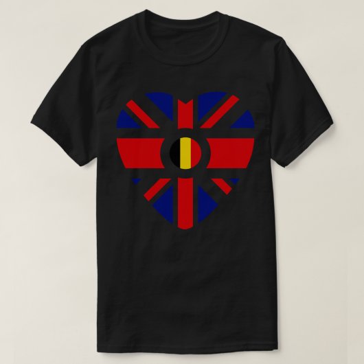 英国ベルギー多国籍愛国国旗のハート Tシャツ (デザイン正面)