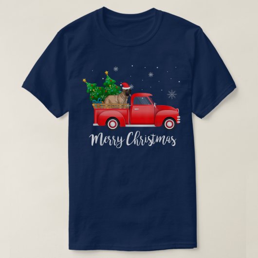 英国マスティフ犬レッドトラッククリスマスに乗る Tシャツ (デザイン正面)