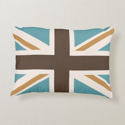 英国国旗か旗のティール（緑がかった色）のブラウンの金ゴールドのクリーム アクセントクッション (裏面)