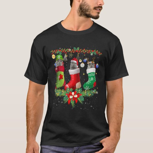 英国猫のクリスマスソック猫好き Tシャツ (正面)