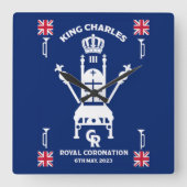 英国王室の戴冠王チャールズIII スクエア壁時計 (正面)