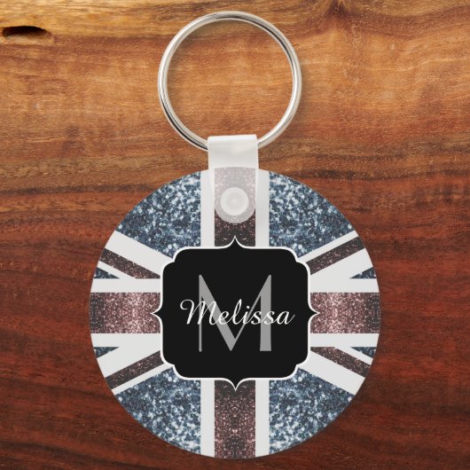 英国素朴国旗の赤い青いきらめきグリッターモノグラム キーホルダー (裏面)