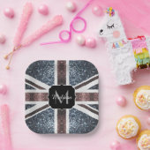 英国素朴国旗の赤い青いきらめきグリッターモノグラム ペーパープレート (パーティー)