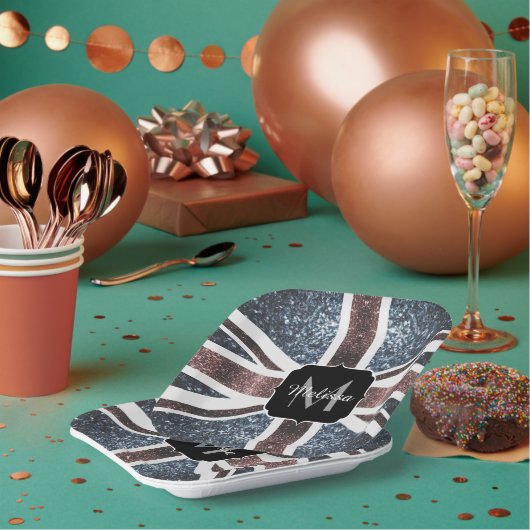 英国素朴国旗の赤い青いきらめきグリッターモノグラム ペーパープレート (複数)