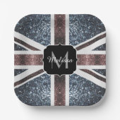 英国素朴国旗の赤い青いきらめきグリッターモノグラム ペーパープレート (正面)