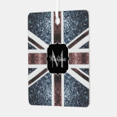 英国素朴国旗の赤い青いきらめきグリッターモノグラム メタルオーナメント (正面左)