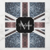 英国素朴国旗の赤い青いきらめきグリッターモノグラム ワインラベル (シングルラベル)