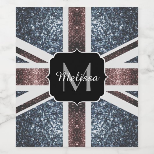 英国素朴国旗の赤い青いきらめきグリッターモノグラム ワインラベル (シングルラベル)