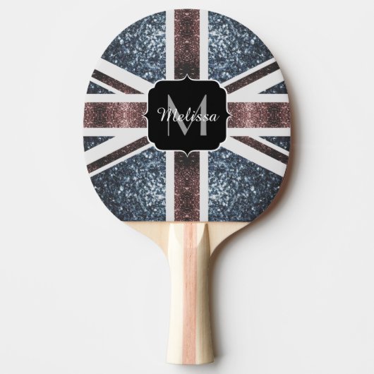 英国素朴国旗の赤い青いきらめきグリッターモノグラム 卓球ラケット (正面)