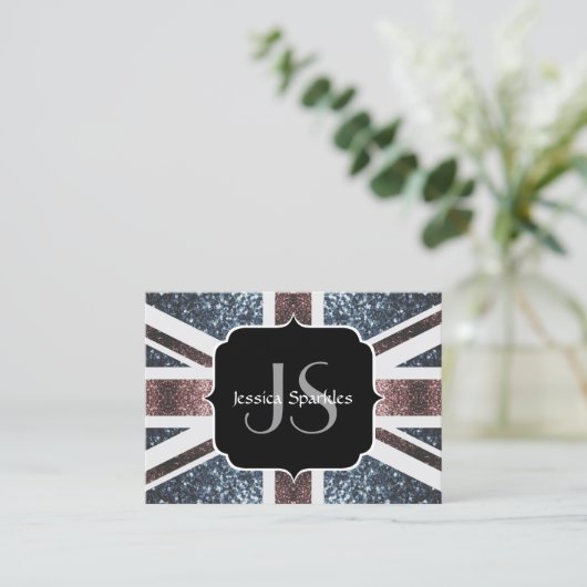 英国素朴国旗の赤い青いきらめきグリッターモノグラム 名刺 (スタンド正面)