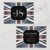 英国素朴国旗の赤い青いきらめきグリッターモノグラム 名刺 (正面/裏面)