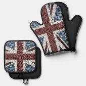 英国素朴国旗の赤い青いきらめきグリッターヴィンテージ 鍋つかみ&鍋敷きセット (正面/裏面)