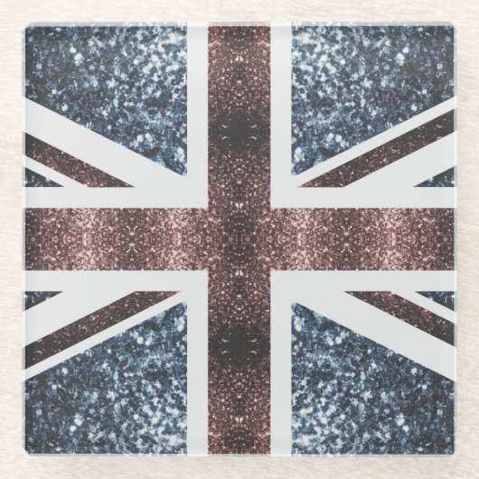 英国素朴国旗の赤い青い輝きのグリッター ガラスコースター (正面)