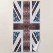 英国素朴国旗の赤い青い輝きのグリッター ビーチタオル (正面)