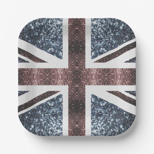 英国素朴国旗の赤い青い輝きのグリッター ペーパープレート (正面)