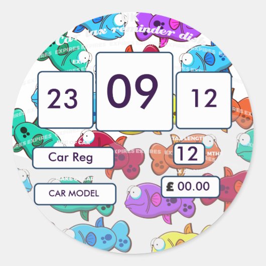 英国自動車税リマインダーステッカー漫画の魚 ラウンドシール (正面)
