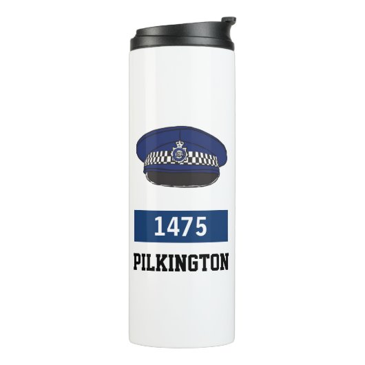 英国警察フラットキャップ – 番号と名前を追加。警察 タンブラー (回転左)