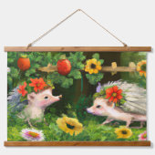 英語お洒落のカントリーガーデンにハリネズミ 吊り下げ型タペストリー (正面)