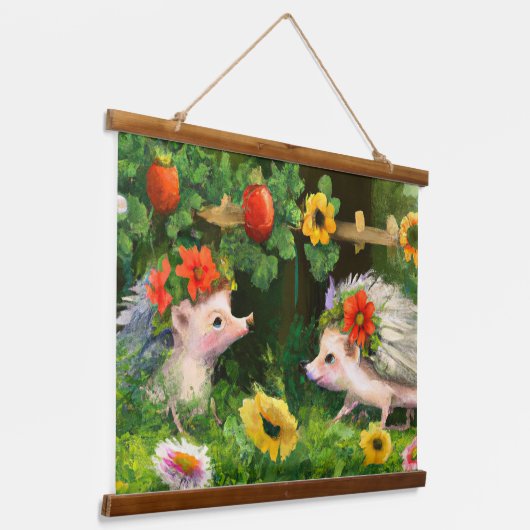 英語お洒落のカントリーガーデンにハリネズミ 吊り下げ型タペストリー (傾斜あり)