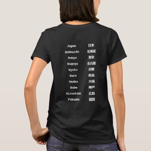 英語と日本語のバイリンガルデザイン | 日本の都市名 Tシャツ (裏面)