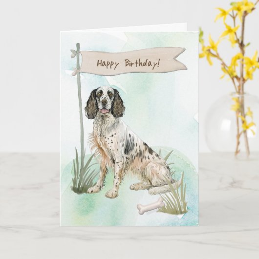 英語のセッター犬のアウトドア(誕生日記号) カード (黄色い花)