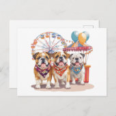 英語のブルドッグがカーニバルで楽しむイラスト ポストカード (正面/裏面)
