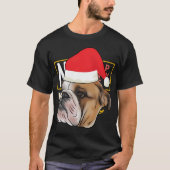 英語のブルドッグとサンタクロース帽子の犬の恋人Chr Tシャツ (正面)