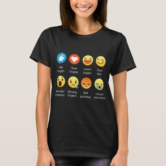 英語の先生のEmojisの顔文字のおもしろいで写実的なティー Tシャツ (正面)