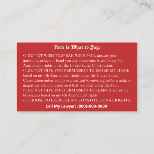 英語の赤いカード – 入管権カード 名刺 (裏面)