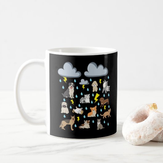 英語の面白いイディオム「猫と犬が雨のように降る」パピーTシャツ  コーヒーマグカップ (ドーナツ)