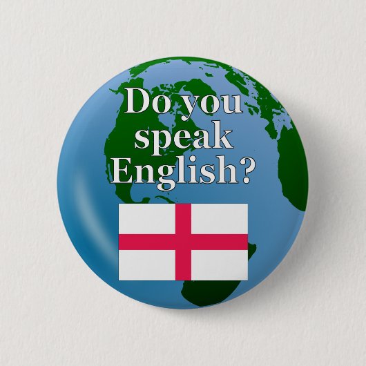 「英語は話できる？」 英語で。フラグ&グローブ 缶バッジ (正面)