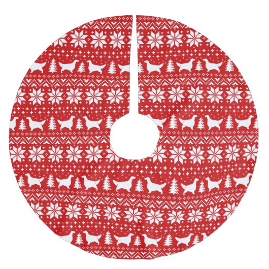 英語セッターのシルエットのクリスマスパターンレッド ブラッシュドポリエステルツリースカート (正面)