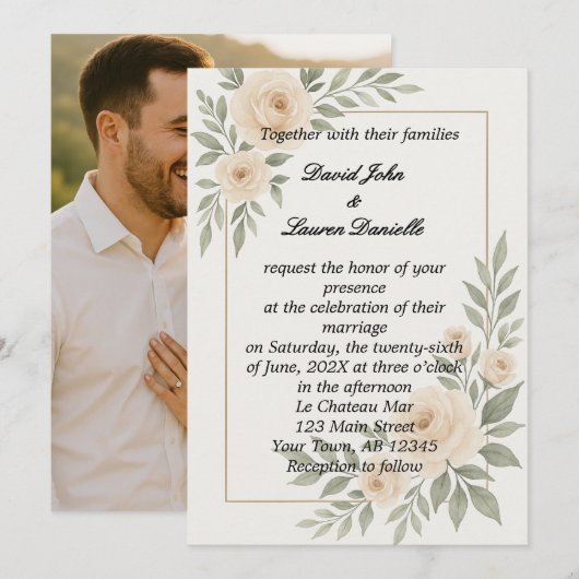 英語バラフォト結婚式招待状 招待状 (正面/裏面)