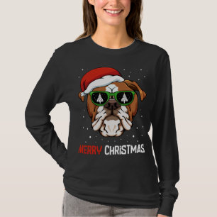 英語ブルドッグサンタハットクリスマスパジャマドッグX-M Tシャツ