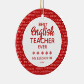 英語先生タイポグラフィクリスマスレッド セラミックオーナメント (右)