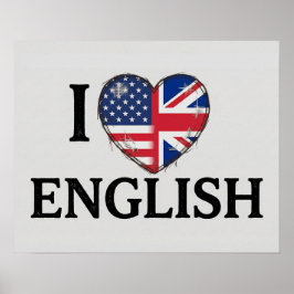 英語大好き - アメリカとイギリスの旗ハートデザイン ポスター