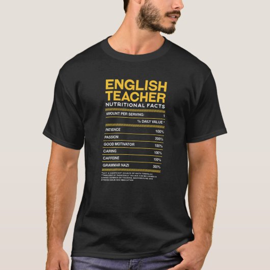 英語教師の栄養成分表示 言語指導者 Tシャツ (正面)