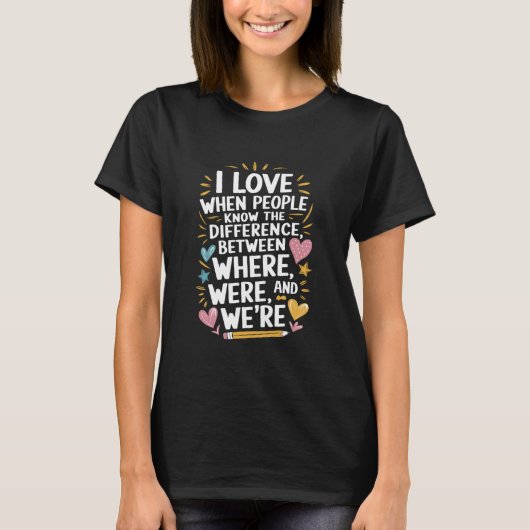 英語教師、違いがわかると Tシャツ (正面)