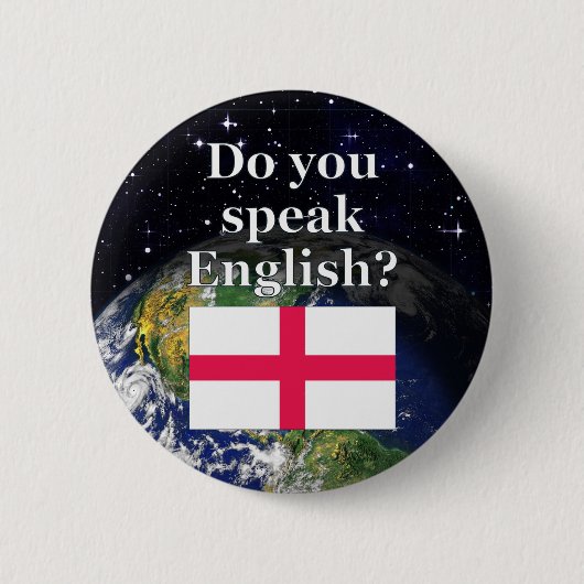 英語話ですか?英語。国旗と地球 缶バッジ (正面)