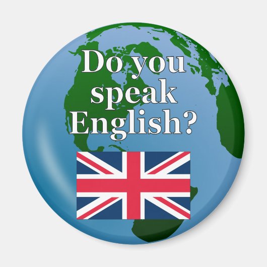 英語話では「英語は?」国旗とグローブ マグネット (正面)