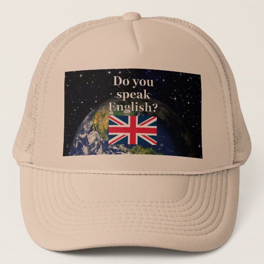 英語話では「英語は?」国旗と地球 キャップ (正面)