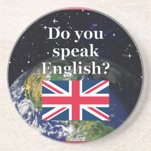 英語話では「英語は？」国旗と地球 コースター (正面)