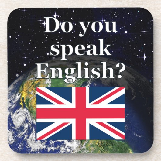 英語話では「英語は？」国旗と地球 コースター (正面)