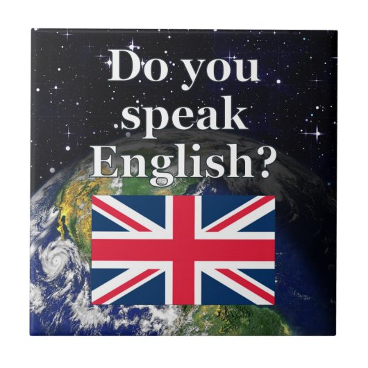 英語話では「英語は？」国旗と地球 タイル (正面)