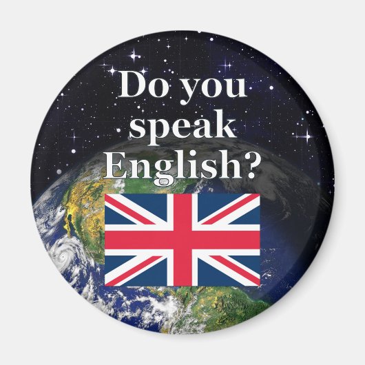 英語話では「英語は?」国旗と地球 マグネット (正面)