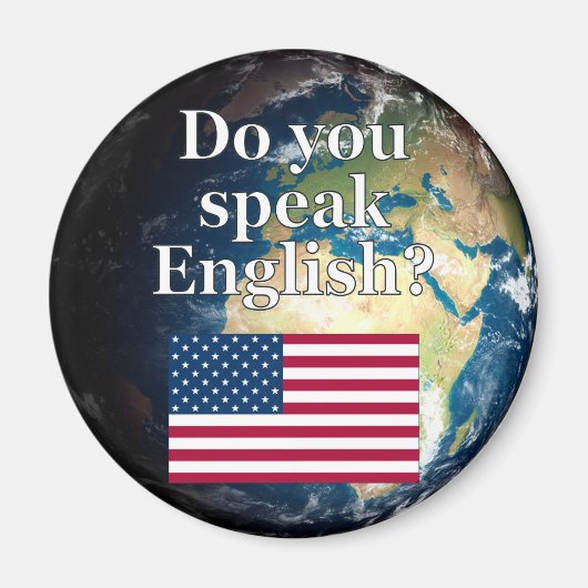 英語話では「英語は？」国旗と地球 マグネット (正面)