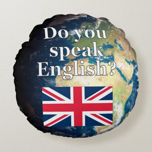英語話では「英語は？」国旗と地球 ラウンドクッション (正面)